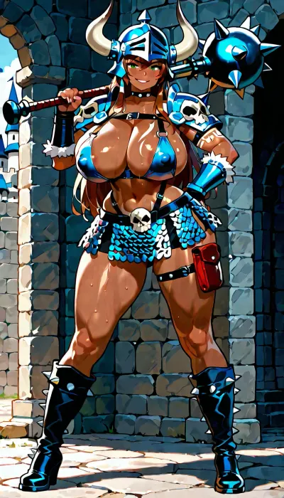 full body, fighter, barbarian, wielding a spiked mace over her shoulder, fighting stance.

green eyes, long hair with bangs, brunette hair, dark skin, tribal body tattoos, firm round breasts, giant breasts, bbw, thick body type, erect nipples, thin waist wide hips, smiling, playful, (erotic pose), .

chainmail skirt, red leather harness, shoulder armor, helmet, thigh high boots, spiked boots, skimpy outfit, black trim, choker, (spikes), .

castle background, battle scared wall, (skulls), .