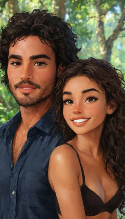 Andava, AndavaArt, Andavaverse, beautiful couple take a walk together through the picturesque american Yellow Stone National Park, TAMEIKA ASHA, Afro-Carribbean, Age 23, Height 5'8, A tall woman standing confidently with a slim, athletic hourglass figure. She has defined, toned arms, sculpted thighs, and lean, strong legs reflecting an active lifestyle. Her skin is a warm, rich caramel-brown with a natural radiant glow. Her face is oval-shaped with high, sculpted cheekbones and a smooth complexion. She has large, almond-shaped eyes framed by long, thick lashes and naturally full, softly arched eyebrows. Her nose is slim with a slightly rounded tip, perfectly balanced with full, plump lips and a defined cupid’s bow. Her dark, thick, glossy hair is styled in natural curls that frame her face beautifully. Happy expression with a cute smile. She radiates confidence and grace, combining elegance and athleticism with a magnetic presence. The lighting highlights her glowing skin and the toned definition of her arms and legs. The background is simple to keep the focus on her powerful presence and detailed features. Mother of two but you would never know it, And, MR HARPREET SAHOTA, age 37, Height 6'4, A tall muscular Indian man with a powerful, imposing build. Dark brown skinned male, His face is angular, with a strong square jaw, high cheekbones, and a sharp nose, His piercing eyes, full of intensity, are framed by a neatly tied, long dark-colored hair tied up in a traditional topknot manbun hairstyle. His thick mustache and a heavy long beard down to his chest are well-groomed full and thick with a natural dignified flow that adds to his mature presence to reveal his muscular forearms fitting perfectly to his athletic build, perfect anatomy, best quality, 8k, insane details, intricate details, hyperdetailed, hyper quality, ultra detailed, professional, HDR, ray tracing reflection, cinematic lighting, highlydetailedbody, realisticface, highlydetailedhair, perfectfingers, insanelydetailed, 8K.highdetailedskin, highresolution, (j_cartoon:1.5), Drawing, uberfit, muscular, athletic, tyxla, xlsanaa, woman, <lora:Rajasthani_Culture:1>, <lora:xlsanaa woman:1>, <lora:samdoesarts1.1-000030:.4>, <lora:J_cartoon:.3>, <lora:Animated_Concept:.4>
