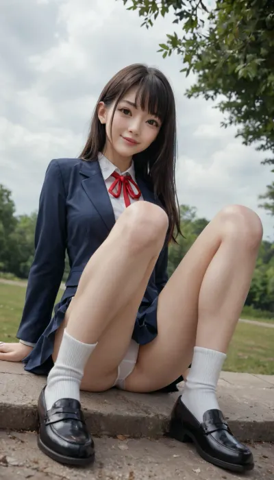 mix4, (8k, RAW photo, best quality), cute smile face, staring at me, cute asian, (slim legs, slim thigh:1.26), volumy hair, (very long straight black hair that reached her thigh:1.02), (her hair with very long ribbon of red color:1.08), (her hair with very large ribbon than her head size:1.08), school uniform of blazer, necktai, middle length skirt, (middle skirt of dark blue in visible white panty:1.15), her boobs of E-cups, white socks, black shoes, outdoor, sitting very innocently with knees together, cross-legged sitting, (direct below:1.14), from direct below under her legs on ground, panty from under angle, very strong upwind, windy, under body, <lora:HandFineTuning_XL:1.2>, <lora:japanese_girl_v1.1:1.5>, <lora:cute_girls_xl_v1:1.8>