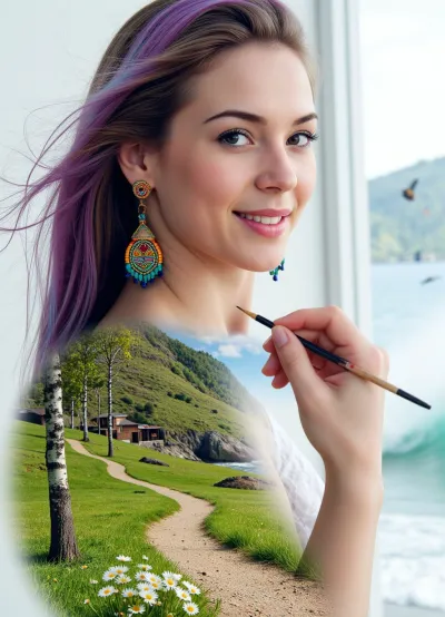 (masterpiece), (top-notch quality), (high detail), photorealism, Octane Render, complex composition, surrealism, ethereal, fairy-tale-like, (double exposure), (picture-in-picture), ((a beautiful woman's face, upper body, view from the shoulder)), (flowing colored hair:1.2), with shades of purple, blue, green, and orange, (exquisite ethnic jewelry:1.1), on the ears and neck, (facial makeup details:1), 05, under the eyes, gaze to the side, (barely noticeable smile), bright makeup, soft facial lighting, ((transparent effect of a hand holding a brush:1.3)), (drawing or painting with a landscape:1.2), that comes to life in reality, ((lush green landscape:1.1), with a winding dirt path, (double exposure), (picture-in-picture), (white daisies:1), in the foreground and along the path, (birch trees:.9), on the left, (hilly terrain:.8), in the background with small houses, (large ocean wave:1), rising on the right, flying birds, (butterflies:.8), in the sky, (bright blue sky with clouds:.9), HDR, volumetric lighting, depth of field, sharp focus, intricate details, dynamic pose, rich colors, intricate patterns, delicate brushstrokes, digital painting)