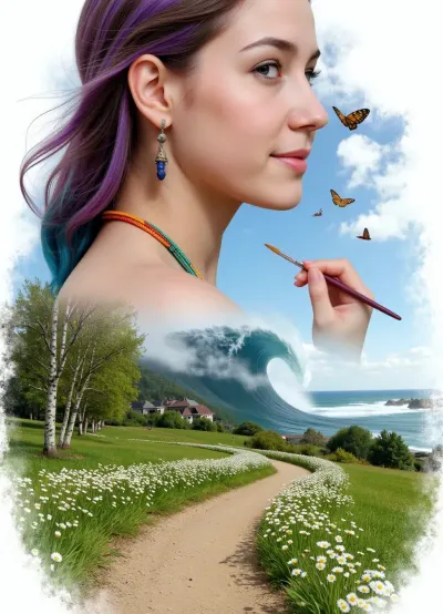 (masterpiece), (top-notch quality), (high detail), photorealism, Octane Render, complex composition, surrealism, ethereal, fairy-tale-like, (double exposure), (picture-in-picture), ((a beautiful woman's face, upper body, view from the shoulder)), (flowing colored hair:1.2), with shades of purple, blue, green, and orange, (exquisite ethnic jewelry:1.1), on the ears and neck, (facial makeup details:1), 05, under the eyes, gaze to the side, (barely noticeable smile), bright makeup, soft facial lighting, ((transparent effect of a hand holding a brush:1.3)), (drawing or painting with a landscape:1.2), that comes to life in reality, ((lush green landscape:1.1), with a winding dirt path, (double exposure), (picture-in-picture), (white daisies:1), in the foreground and along the path, (birch trees:.9), on the left, (hilly terrain:.8), in the background with small houses, (large ocean wave:1), rising on the right, flying birds, (butterflies:.8), in the sky, (bright blue sky with clouds:.9), HDR, volumetric lighting, depth of field, sharp focus, intricate details, dynamic pose, rich colors, intricate patterns, delicate brushstrokes, digital painting)