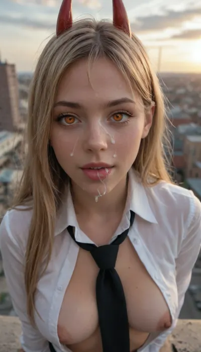 (young:1.5), Power \, (chainsaw man\), highres, highest quality, ultra detailed, (detailed face), (detailed eyes), cinematic lighting, best quality, hyper detailed, masterpiece, detailed background, 1girl, solo, red horns, blonde hair, long hair, cross-shaped pupils, symbol-shaped pupils, orange eyes, white shirt, black tie, luminous eyes, medium soft breasts, on breasts bouncing, nipple out, light rays, (colorful), smile, upper body, from above, rooftop, city from distance, clouds, street, public transport, concrete structures, pretty face orgasm, (cute disgusted:1.3), negative. Hay sweety, maybe blowjob? sexy lips wavy are slightly round open to wrap mouth around the huge dick, you have mouthjob? Your big fat penis smells so sweet that I can barely resist licking your penis head, (dinamic gentle blowjob), tilting his head down her mouth is close to penis, She gently touches the tip of the penis with her tongue. Extreme ejaculation, excessive cum on face, over cumming in hands, cum on over her little hand, cum on nipples, your hot cum realy delicious, Yummies. Masterpiece.