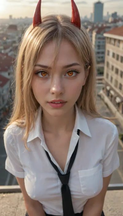 Power \, (chainsaw man\), highres, highest quality, ultra detailed, (detailed face), (detailed eyes), cinematic lighting, best quality, hyper detailed, masterpiece, detailed background, 1girl, solo, red horns, blonde hair, long hair, cross-shaped pupils, symbol-shaped pupils, orange eyes, white shirt, black tie, luminous eyes, medium breasts, on breasts bouncing, light rays, (colorful), smile, upper body, from above, rooftop, city from distance, clouds, street, public transport, concrete structures, pretty face orgasm, (disgusted:1.6), negative. Hay sweety, maybe blowjob? sexy lips wavy are slightly open to wrap mouth around the huge dick, you have mouthjob? Your big fat penis smells so sweet that I can barely resist licking your penis head, (dinamic gentle blowjob), tilting his head down her mouth is close to penis.