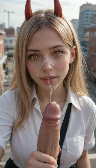 (young:1.5), Power \, (chainsaw man\), highres, highest quality, ultra detailed, (detailed face), (detailed eyes), cinematic lighting, best quality, hyper detailed, masterpiece, detailed background, 1girl, solo, red horns, blonde hair, long hair, cross-shaped pupils, symbol-shaped pupils, orange eyes, white shirt, black tie, luminous eyes, medium soft breasts, on breasts bouncing, nipple out, light rays, (colorful), smile, upper body, from above, rooftop, city from distance, clouds, street, public transport, concrete structures, pretty face orgasm, (cute disgusted:1.3), negative. Hay sweety, maybe blowjob? sexy lips wavy are slightly round open to wrap mouth around the huge dick, you have mouthjob? Your big fat penis smells so sweet that I can barely resist licking your penis head, (dinamic gentle blowjob), tilting his head down her mouth is close to penis, She gently touches the tip of the penis with her tongue. Extreme ejaculation, excessive cum on face, Yummies. Masterpiece.