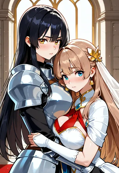 ((woman knight, short black hair, blue eyes), (silver knight female armor with golden ornaments)), .
princess, (princess long light brown hair, golden eyes, elegant white dress), .
ballroom, Loving glances between girl knight and princess, (knight girl and princess are dancing waltz together), (High, Resolution), (More, Details), (8K), DauntlessXL, Style, <lora:outline_xl_kohaku_delta_spv5x:.8>, <lora:DauntlessMixSDXL:.8>