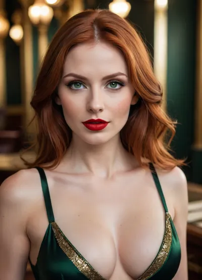 Beautiful woman, attractive woman, athletic body, sexy, long straight redhead hair, deep green eyes, big rounded breast, red lipstick, smirk, wearing a black and golden dress, very deep cleavage, in a temple, detailxl