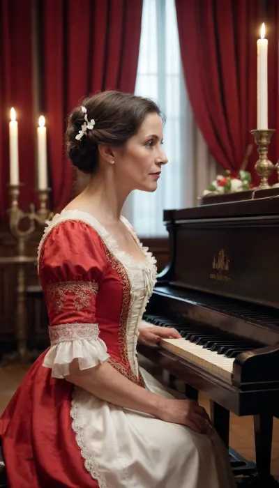 Beautiful brunette elderly pianist, 48 years old, dressed in a traditional red and white dress, with bunches of hair. Medieval concert hall where a woman plays the piano, red curtains, good quality, detailed picture.