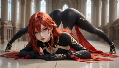 Mavuika from genshin impact, castle background, beautiful face, beautiful nose, Russian eccentricity, perfect eyes, perfect nose, clear face, red lipstick, necklace, sexy, seductive smirk, large, breasts, big, boobs, huge, tits, red long hair, orange and black, 1girl, red long, hair, solo, jewelry, looking, at, viewer, earrings, red, multicolored, black, gloves, eyes, orange, black bottom, bodysuit, sleeves, very, closed, mouth, <lora:maweika135_xllora:.8>, out, <lora:Tongue out_SDXL:.8>, full body, jack o challenge