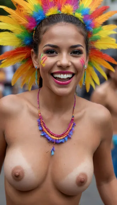 ((naked)), ((perfect teeth)), ((perfect lips)), ((detailed face)), ((perfect face)), carnival in Brazil, dancer, dancing, street, ((body paint)), decorations, jewelry, armbands, necklaces, earrings, feathers, ribbons, ((colourful)), active, energetic, playful, coy, joy, lively, cheery, (((happy))), smile, youthful, cute, beautiful, fit, athletic, medium breasts, wide hips, full body shot, movement, motion, action