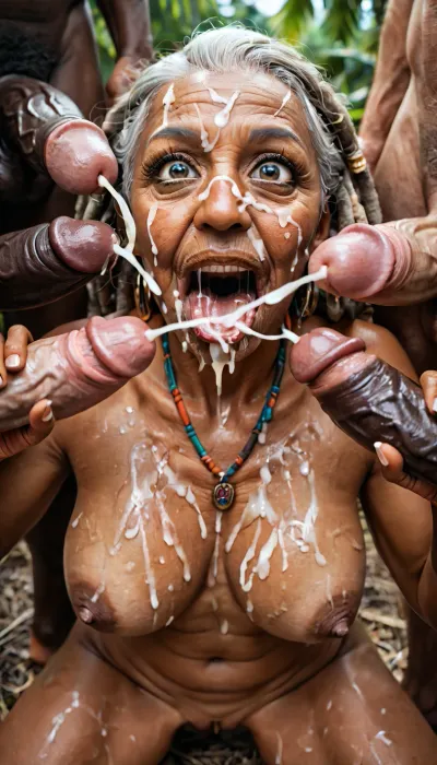 Masterpiece, A mature African woman gets fucked very hard in a gangbang, big dicks, detailed penis, (cumshot on face:1.2), (bukkake:1.4), (old woman:1.2), (pussy pounding:1.1), ((handjobs:1.2)), Wrinkled face, (gaping mouth:1.2), (big eyes:1.2), looking up, gray hair, dreadlocks, normal breasts, A cabin in the jungle, sunset