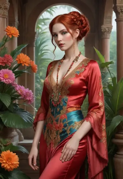 beautiful rich redhead woman wearing fantastic hand-dyed satin clothes, lace, satin ribbons, large oriental house with servants, deep cleavage, embellished beaded feather decorative fringe knots, colorful pigtail, subtropical flowers and plants, symmetrical face, intricate, elegant, highly detailed, 8k, digital painting, trending on pinterest, harpers bazaar, concept, art, sharp focus, illustration, Tom Bagshaw, Lawrence Alma-Tadema, Alphonse Mucha, <lora:ac_neg1:.5>