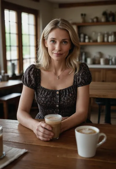 Ultra photorealistic candid POV photo, first person perspective from a seated man at a rustic wooden café table, his left hand holding a vertically positioned smartphone close to the camera, the smartphone and his hand are the only elements in perfect sharp focus, on the smartphone screen is a provocative porn photo of the blonde woman sitting across from him, the screen content clearly visible, the phone slightly tilted, natural hand position, realistic fingers, realistic skin texture, shallow depth of field, strong foreground focus, across the table sits a 50 year old blonde European woman, softly blurred but still clearly recognizable, shoulder length soft blonde hair, side parted, delicate facial features, pale skin, subtle nervous smile, slightly tense but warm expression, she is looking directly at her husband, caught in a quiet awkward emotional moment, one hand lifted near her hair, relaxed but self conscious posture, seated casually at the table, she wears a dark floral summer dress with a soft neckline, in front of her stands a glass mason jar iced coffee with straw, on the rough wooden farmhouse table are another iced coffee, a menu sheet clipped with a metal binder clip, small café items, natural clutter, warm ambient daylight, cozy rustic country café kitchen interior, slightly messy and lived in, pale walls, hanging warm pendant lights, wooden counter, open shelving, decorative objects, soft background blur throughout the room, only the phone and hand remain tack sharp, intimate candid snapshot aesthetic, realistic lens behavior, natural color tones, emotional realism, authentic documentary style, accidental looking composition, cinematic but believable, subtle tension, soft indoor daylight, highly detailed environment, realistic café atmosphere