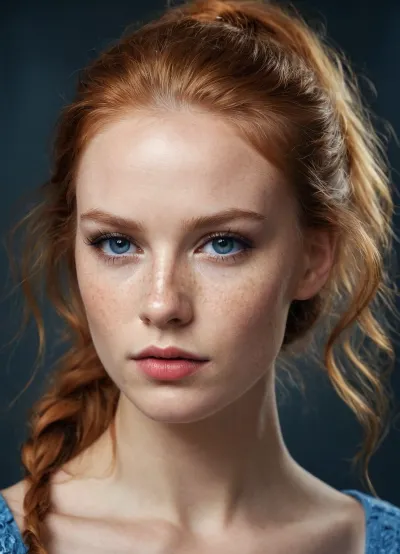 ziprealism, (score_9, score_8_up), ((Detailed portrait of a young Scandinavian super model, insanely beautiful)), closeup shot, sharp focus, high saturation, high contrast, portrait, focus on eyes, detailed bright blue eyes, detailed smokey makeup, detailed long eyelashes, detailed red lips, (detailed freckled face), (detailed ginger hair, tight ponytail)