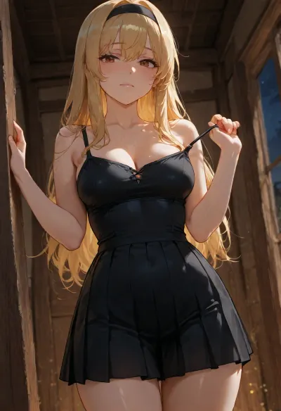 Solo, highly detailed, 30 y.o., blonde_hair, long_hair, brown_eyes, black sleeveless dress, pleated_skirt, black headband, pulling down top, freckles, log cabin interior, living room, night time, window, wall behind her, back against wall of log cabin, freckled skin, Small Breasts, cleavage, aroused, nervous, Wide Angle, view from front, aged up, undressing, <lora:undressing_XL_v1:.8>