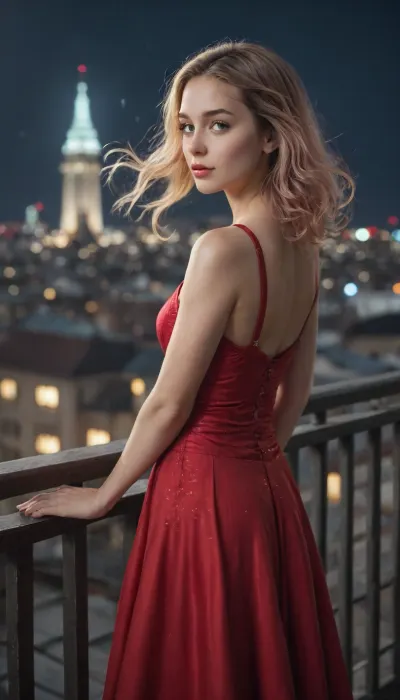 masterpiece, best quality, ultra detailed, realistic shoot, 1girl, solo, adult female, 25 years old, looking back, beautiful detailed face, perfect eyes, soft blush, long pink hair, detailed hair, hair in the wind, individual strands, red evening dress, elegant, night city background, balcony, depth of field, bokeh, background blur, cinematic lighting, rim light, soft lighting, volumetric light, atmospheric lighting, soft shading, painterly shading, smooth gradients, light bloom, glow, floating particles, color grading, highly detailed skin, subsurface scattering
