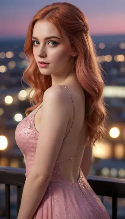 masterpiece, best quality, ultra detailed, realistic shoot, 1girl, solo, adult female, 25 years old, looking back, beautiful detailed face, perfect eyes, soft blush, long pink hair, detailed hair, hair in the wind, individual strands, red evening dress, elegant, night city background, balcony, depth of field, bokeh, background blur, cinematic lighting, rim light, soft lighting, volumetric light, atmospheric lighting, soft shading, painterly shading, smooth gradients, light bloom, glow, floating particles, color grading, highly detailed skin, subsurface scattering