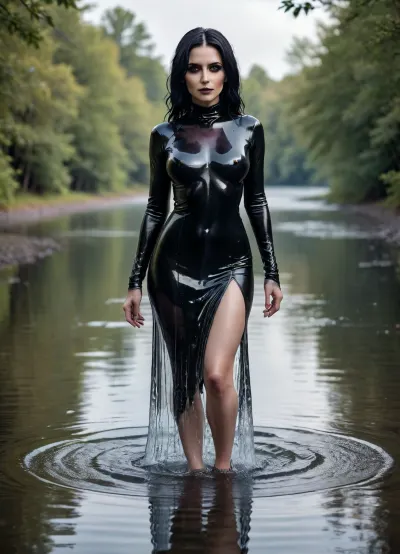 mature female, tall slim thick goth, bimbo, full body image, water, <lora:xl_water_dress-1.0:1.8>