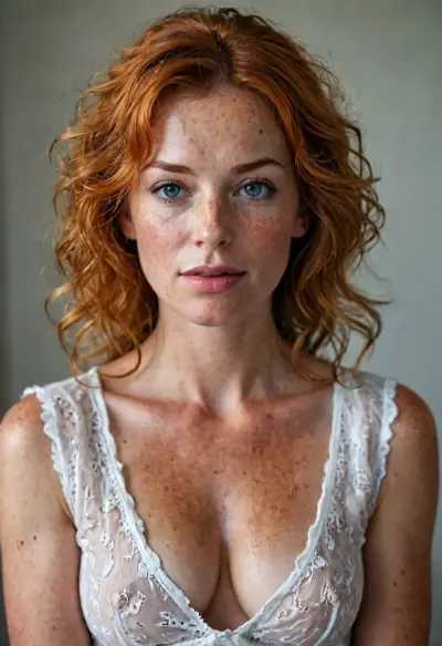 ASSIGNMENT, Create an award-winning portrait of a gorgeous busty mature 48-year-old MILF in a crisp white shirt, BREAK.

CLOTHING, crisp white shirt, navy skirt, big earrings, necklace, BREAK.

FACE, (48 years old), mature, (very full, rounded face), wide heptagon face, detailed face, chin up, straight nose, (enormous blue eyes), some wrinkles, expressive eyes, long eyelashes, a wide welcoming smile, maternal, ((perfect big square teeth)), creamy white skin, ((lots of soft freckles)), big moist lips, makeup, looking at viewer, BREAK.

HAIR, (graying light orange hair), full wavy hair, graying hair, ((gray/orange hair)), thick short curly hair and bangs, short hair, detailed hair, BREAK.

BODY, 48 years old, busty, soft lush curvy body carrying a few extra pounds, broad shoulders, naturally sagging body, lots of soft freckles, detailed natural skin with age spots and freckles and a few wrinkles, detailed realistic skin with pores and blemishes and hair follicles, full waist, wide hips, (detailed very large natural breasts with enormous areolae and big puffy nipples), DD cup, nice rounded ass, perfect hands, handslora, BREAK.

LOCATION, a swank luxurious photo studio, perfectly lit, BREAK.

AESTHETIC, score_9, score_8_up, score_7_up, solo, realistic, 8K, hyper realistic, sexy as hell, BREAK.

TEMPLATES, freckles, luisap, birth, mark, braless, Wearing, clothes, that, make, sense, with, Braless>, <lora:LPFRECKLES_lora:.8>, <lora:MJ52:2>, <lora:add-detail-xl:2>, <lora:xl_more_art-full_v1:2>, <lora:bralessSDXL_v1_00022:1.1>