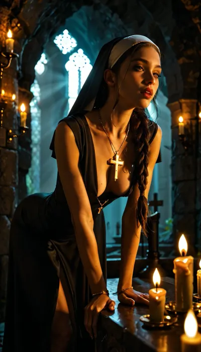 The excessive dark cave of the monastery, 1girl, slim, black long hair, braided hair, medium breasts sexy Skinny short petite nun's habt, (excessive hughe Large gold cross necklace:1.1), (bending forward deeply, her back strongly arched as she lights a candle:1.3), dark, (dramatic chiaroscuro lighting), <lora:dark:2>