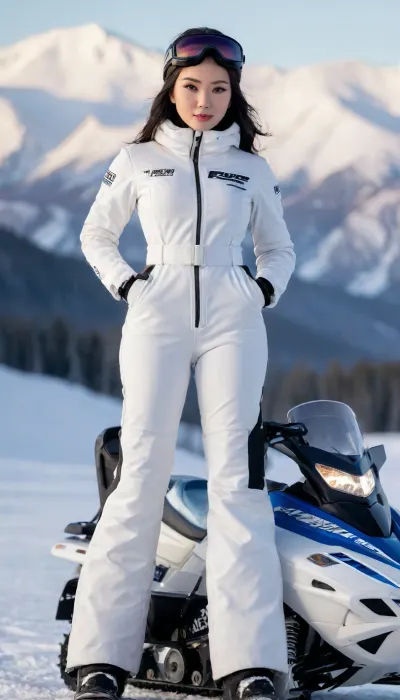 (masterpiece, best quality, 8k, photorealistic), (detailed skin texture, realistic eyes, perfect hands:1.1), A captivating East Asian woman, (full body shot, leaning on a snowmobile:1.2), dressed in a, (form-fitting white jumpsuit with black accents:1.1), (white snow boots:1.05), (white gloves:1.05), black hair styled, subtle makeup, looking directly at the viewer with a soft expression. The snowmobile is black and white, sleek design. She is positioned against a breathtaking backdrop of majestic, (snow-covered mountains:1.3), under a clear, bright blue sky with soft gradients. The scene is illuminated by natural daylight, casting subtle shadows and highlighting the texture of the snow. The atmosphere is crisp, cold, and serene. Foreground features fresh, untouched snow, with the snowmobile slightly embedded., (Professional photography, high-resolution, sharp focus, natural daylight:1.1), shallow depth of field, golden hour lighting.