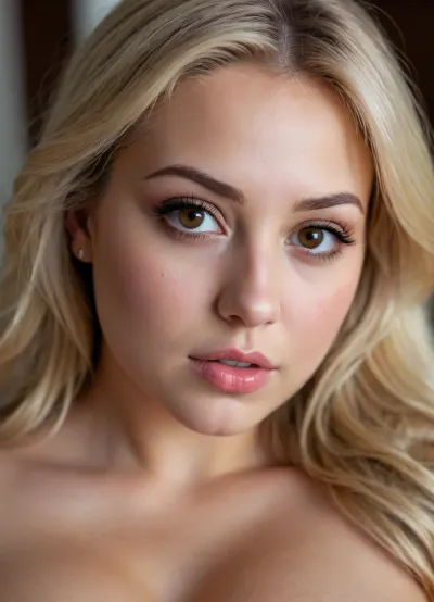 realistic photo of a curvy woman with blond hair, sexy pov, female pov, brown eyes, 20 years old, dynamic angle, soft and tender, romantic atmosphere, seductive look