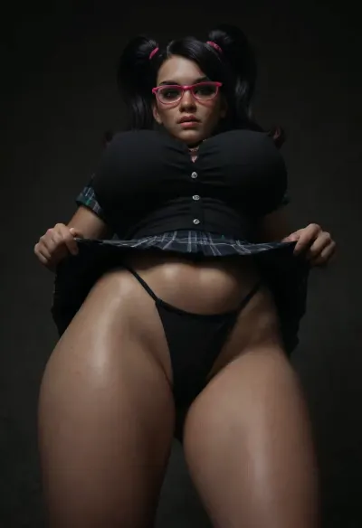 SSBBW, Colossal breast, Large heartshaped Ass, Removing Panties, Waist Shot, Cosplay, Soft Light, (Tootie from the fairly oddparents:1.3), extremely beautiful, standing, posing, (hourglass figure:1.3), raised eyebrow, Hip sway, blackwhite buttoned shirt, black plaid pleated skirt, black vesthands behind her back, super horny, midriff, black hair, (waist:1.3), milf, (below view:1.3), (shy:1.3), massive breasts, blank wall background, freckles, (twin puffy ponytails:1.3), (huge pink glasses:1.3), <lora:dark:.1>, <lora:detailed_notrigger:2>, <lora:photorealistic_portrait_notrigger:2>, <lora:JuggerCineXL2:2>