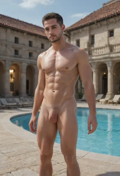 Photorealistic image, luxurious modern villa at night, huge infinity pool. Exclusive men's party, completely naked men, and each man makes love to another man in different positions. Aesthetics, natural poses, muscular men. Ancient architecture. Illuminated pool. 8k resolution, cinematic lighting, high contrast, luxurious atmosphere, HDR textures.