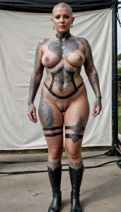 40yo chubby far obese tanned dutch milf, shaved head, (full frontal nude), bondage harness, boots, freckles, standing on open air stage, tattoos all over, neck tattooed, arms tattooed, breasts tattooed, belly tattooed, pelvis tattooed, legs tattooed, large tattoos, extreme tattoos, <lora:PostApocalyptic_Chernobyl_v3:.2>, <lora:DarTataBodGPlus:.4>, harness, garter, straps, <lora:Harness_Straps_sdxl:1.5>