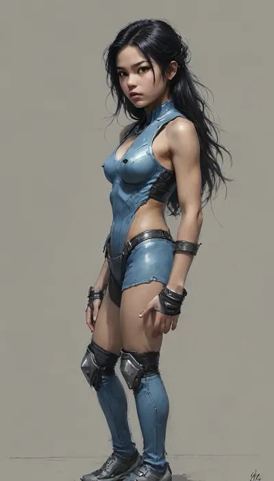 Asian, Cyborg girl, futuristic, metal blue, olive skin, very tanned, ((((-only-13teen-years-old)))), long black hair, medium breasts, full body view clear clean background., Black, and, white, art, black, pencil, shading, charcoal, drawing, toned, paper, brutal, dark, b/w, color, scheme, <lora:Black and white art.V1:.8>, <lora:sketch_it:.8>