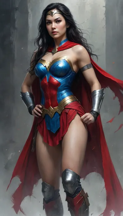 Asian, Cyborg Wonder Woman, futuristic, metal blue, olive skin, Red cape, ((((-only-13teen-years-old)))), long black hair, medium breasts, full body view clear clean background., Black, and, white, art, black, pencil, shading, charcoal, drawing, toned, paper, brutal, dark, b/w, color, scheme, Red cape., <lora:Black and white art.V1:.8>