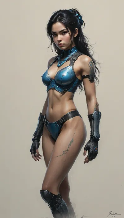 Asian, Cyborg girl, futuristic, metal blue, olive skin, very tanned, ((((-only-13teen-years-old)))), long black hair, medium breasts, full body view clear clean background., Black, and, white, art, black, pencil, shading, charcoal, drawing, toned, paper, brutal, dark, b/w, color, scheme, <lora:Black and white art.V1:.8>, <lora:sketch_it:.8>
