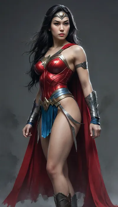 Asian, Cyborg Wonder Woman, futuristic, metal blue, olive skin, Red cape, ((((-only-13teen-years-old)))), long black hair, medium breasts, full body view clear clean background., Black, and, white, art, black, pencil, shading, charcoal, drawing, toned, paper, brutal, dark, b/w, color, scheme, Red cape., <lora:Black and white art.V1:.8>