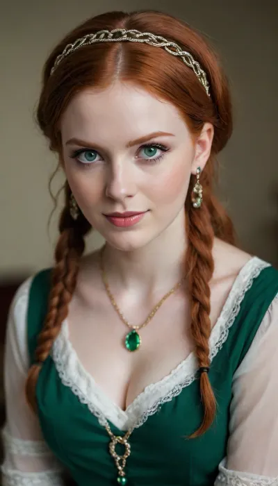 25 yo woman, celtic, straight dirty redhead hair, pale skin, green eyes, long eyelashes, headband, blouse, long skirt, white stockings, thin eyeliner, earrings, chain necklace, deep cleavage, soft smile