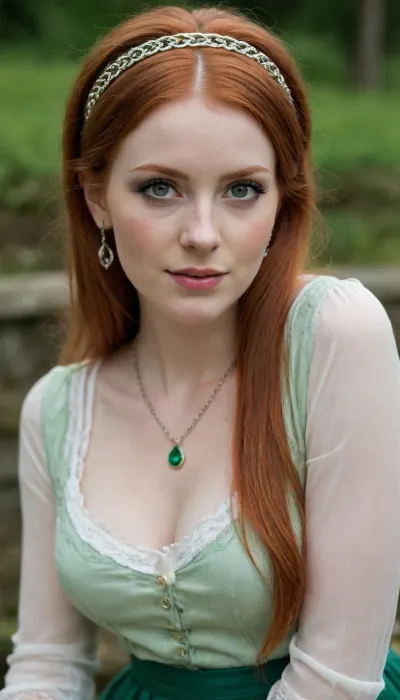 25 yo woman, celtic, straight dirty redhead hair, pale skin, green eyes, long eyelashes, headband, blouse, long skirt, white stockings, thin eyeliner, earrings, chain necklace, deep cleavage, soft smile