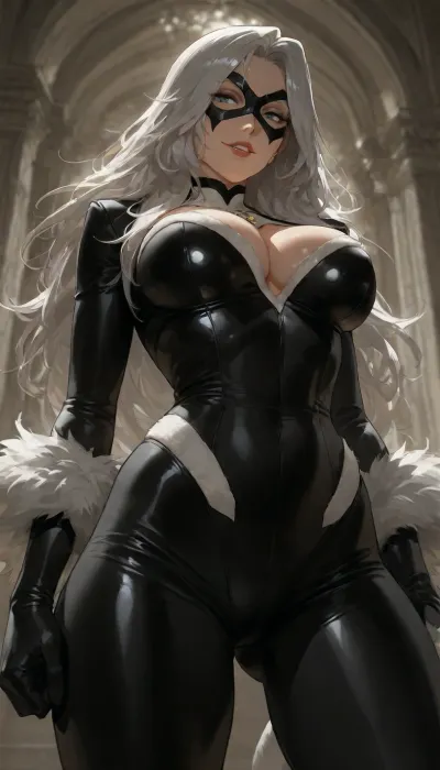 (score_9_up, best quality, best resolution, 4K), the picture is a depiction of, (((Felicia Hardy))), wearing her X-men outfit, grinning, dominant evil look, face is very close soejima_shigenori, <lora:persona_style_xl_c:2>