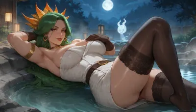 ((((mistweaver, milf, toned)))), ((laying)), (((wisp haunted, steamy hot spring, high fantasy setting))), moonlight night, smirking, stockings, gloves, (upskirt view)