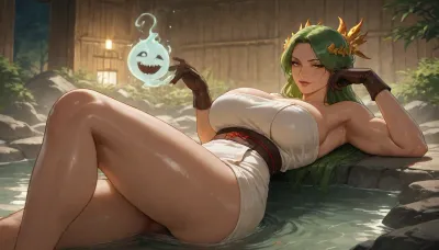 ((((mistweaver, milf, toned)))), ((laying)), (((wisp haunted, steamy hot spring, high fantasy setting))), moonlight night, smirking, gloves, (upskirt view)