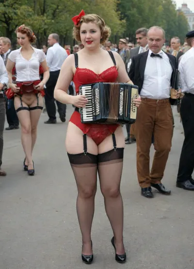 Big group of Sovietic Bbw women outdoor meeting, (very different ages:1.9), Merlin Monroe women style, big natural sagging breasts, oiled glossyshiny skin, Pin-up 1930s, (Kremlin background:1.2), Vintage soviet nude beauty contest, variation of naked beauty pageant in Reed Square, late 1930 USSR beauty standards, (1930s USSR entourage:1.4), outdoor Meeting, walking, (crotchless clothes:1.4), (lace vintage gloves), (Vintage nursing bra:1.6), (lace black stockings with thick garter belt:1.4), bottomless, no_panties, suspender's stockings, (((high heels shoes))), (red headscarf), red lipstick, vulgar makeup, (red bow tie:1.2), (holding accordion in both her hands:1.8), ((red flag in hand)), ((red pennant in hand)), elegant red bag, (back view from behind:1.9), (hairy vagina:1.9), (big labia cameltoe:1.8), (big cellulite butt show:1.9), analog photo, AGFA film, RealBlackFFStocking, stockings, bottomheavy, big, ass, huge, gigantic, thick, thighs, massive, <lora:RealBlackFFStocking_XL:2>, <lora:nylons:2>, <lora:add-detail-xl:2>, <lora:detailed_notrigger:2>, <lora:bottomheavy_v1_sdxl_LoRA:2>
