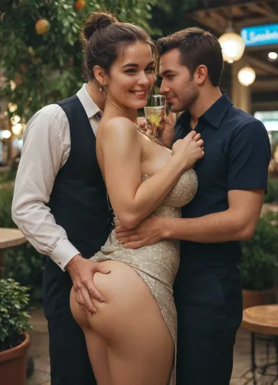 Local Neighbourhood drinks bbq get-together, ultra realistic, high definition, professional photo, (1 woman 1 man), night time, garden terrace, casual dress, voluptuous much older milf, (big tits), in a short cocktail dress, no underwear, massive cleavage, drinking a glass of wine, ((young man has his hand on the butt of a Gilf)), (ass squeeze, butt grope:1.4), some guests in background having fun, everybody drinking with glass in hand, all ladies in short colourful sparkly lace dresses, happy, smiling, sexy smoky atmosphere, <lora:monika:.8>, <lora:MJ52:.8>