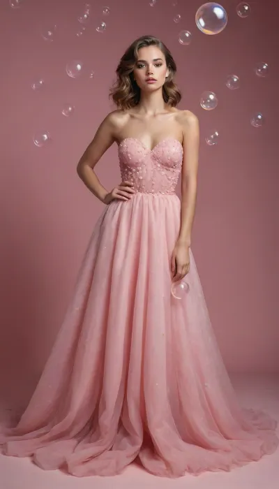 fashion editorial photo of a model with a lot of bubbles in light pink evening dress poses in photostudio with many bubbles, 1/2 body