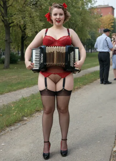 Big group of Sovietic Bbw women outdoor meeting, (very different ages:1.9), Merlin Monroe women style, big natural sagging breasts, oiled glossyshiny skin, Pin-up 1930s, (Kremlin background:1.2), Vintage soviet nude beauty contest, variation of naked beauty pageant in Reed Square, late 1930 USSR beauty standards, (1930s USSR entourage:1.4), outdoor Meeting, walking, (crotchless clothes:1.4), (lace vintage gloves), (Vintage nursing bra:1.6), (lace black stockings with thick garter belt:1.4), bottomless, no_panties, suspender's stockings, (((high heels shoes))), (red headscarf), red lipstick, vulgar makeup, (red bow tie:1.2), (holding accordion in both her hands:1.8), ((red flag in hand)), ((red pennant in hand)), elegant red bag, (back view from behind:1.9), (hairy vagina:1.9), (big labia cameltoe:1.8), (big cellulite butt show:1.9), analog photo, AGFA film, RealBlackFFStocking, stockings, bottomheavy, big, ass, huge, gigantic, thick, thighs, massive, <lora:RealBlackFFStocking_XL:2>, <lora:nylons:2>, <lora:add-detail-xl:2>, <lora:detailed_notrigger:2>, <lora:bottomheavy_v1_sdxl_LoRA:2>