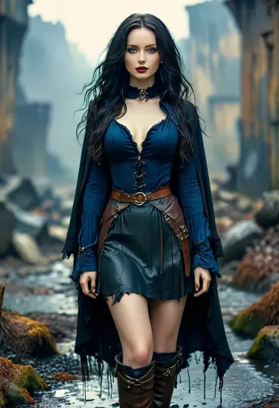 fantasy art, medieval, An exceptionally beautiful 40-year-old woman, pale skin, delicate feminine heart-shaped face, very long wavy midnight-blue hair, thick black eyeshadow and dark blue lipstick, leather choker, an old ripped cotton blouse and a long leather skirt, a tattered black hooded cape, worn stiletto boots, a tight brown leather belt with several pockets, natural beauty, outside in a waste landscape, /KlTTY-ART/, <lora:COMFYUI_mimic_landscape_-_XL_SDXL v2.0:.7>, <lora:attractive_notrigger:.8>, <lora:PerfectEyesXL:.6>, <lora:MJ52:1>