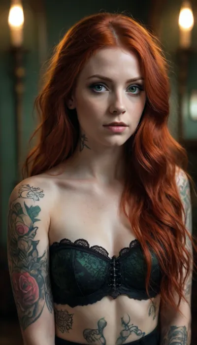woman, Beautiful tattooed princess of chaos, in full growth, magical realism, soft lighting, perfect body, green eyes, long redhead hair, high detail, professional photo, realism, aesthetically, gothic style, high resolution, horror