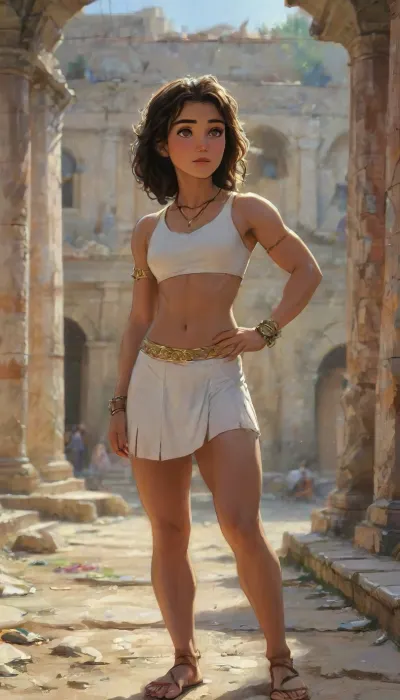Photorealistic full-body image of a Persian Gladiatrix, in ancient Rome, depicted as a fit, athletic adult woman with a strong but natural build. Before entering she stands and looks on to the Arena where glory and freedom awaits. She stands on the sand.covered arena floor of a Roman amphitheater, under bright Mediterranean daylight, surrounded by stone arches and blurred spectators carved into tiered seating.

She wears minimal, white exposing exotic dancer costume, pelvic curtain, arabian transparent harem outfit, breasts curtain, white clothes, detached slit sleeves, but authentic gladiatorial equipment, consistent with Roman depictions of gladiatrices, a simple leather subligaculum, a leather and bronze balteus belt, and a single manica on her sword arm. Her chest is unarmored, reflecting historical reliefs such as the Halicarnassus gladiatrix carving. She wears short leather wrappings or light greaves on her legs and simple gladiator sandals.

She holds a short gladius and a small parma, both visibly worn from combat. Her posture is calm but victorious, weapons lowered rather than raised theatrically, conveying discipline and realism rather than spectacle.

Her hair is long curly but loosely bound. Elaborate makeup—only, full set jewellery, sun-tanned skin, sweat, dust, and scarring. Realistic skin texture, natural lighting, subdued earth tones. The atmosphere feels authentic, gritty, and grounded, emphasizing historical realism over fantasy or modern stylization.

Shallow depth of field, realistic lighting, sharp focus, ultra-detailed, high resolution, editorial sports photography, cinematic realism, supermodel, face, big, lips, cl!ne, 1girl, brown, eyes, multicolor, hair, blonde, breasts, medium, highlydetailedbody, realisticface, highlydetailedhair, insanelydetailed, 8K.highdetailedskin, highresolution, perfectfingers, (j_cartoon:1.5), Drawing, uberfit, muscular, athletic, comic, book, illustration, s4ffari, black, <lora:Sara_Saffari:2>, <lora:uberfit_lora_sdxl:.5>, samdoesart, <lora:samdoesart_style_xl_v1:.4>, <lora:J_cartoon:.3>, <lora:Animated_Concept:.4>