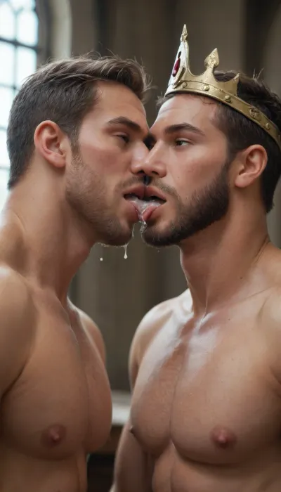 Two handsome gay suck cock, beard, gladiator kiss tongue king with crown share cum in mouth, at the King's Castle, very sweaty sex, cum everywhere, dripping sperm from cock