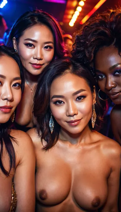 topless milfs, dark skin kpop group, at the night club, smirking, eager, close-up view from above