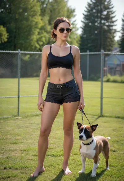 Realistic, detailed, vivid photographic image of 35 year old, short, thin, petite brunette with straight hair in a high. Short ponytail. No makeups. In sexy lacy bra and panties. Aviator sunglasses. Sunny day. Short grass field with doggies and their owners. Field is encircled by chain link fence, trees, and city outside the fence., (People standing around), . She has a leash in her hand.