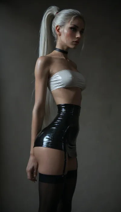 (score_7_up, score_8_up, score_9, 1girl, solo, masterpiece), ((long white ponytail:1.5)), (shy seductive face:1), ((clubfoot)), (athletic rounded ass), ((latex micro skirt:1.6)), 25yo girl, (((athletic skin body))), (narrow waist:1.5), ((hip gap)), white wide choker, (skinny legs), (wet skin:1.5), ((into the office)), (oiled skin:1.3), ((black stockings with garters:2)), (chiaroscuro lighting:.5), erected nipples, ((view from side:2)), (big perky boobs:1), (((standing:2))), ((white micro tube-top:1.4)), (underboobs), (top:1.5), (makeup:1.5), hand, <lora:sunnyrayyxo_v1_SDXLBase:.4>, <lora:dark:.4>, <lora:HandFineTuning_XL:1>, <lora:attractive_notrigger:.8>