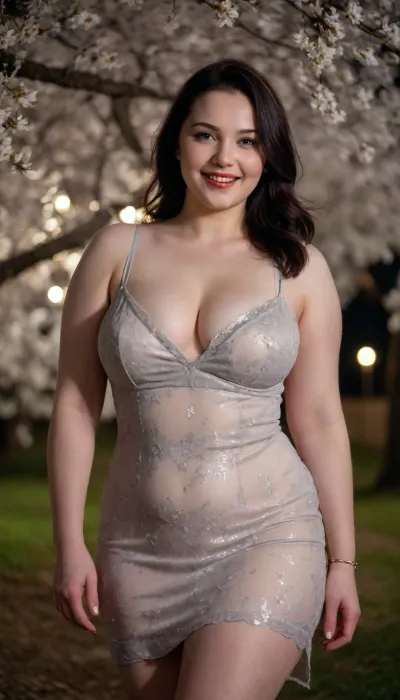 captivating young black-haired Ukrainian pale-skin girl, smiling, desirable plus-size breasts and thighs, tight-fitting colorless monotonous dress on completely bare body, cherry tree, night moon glow