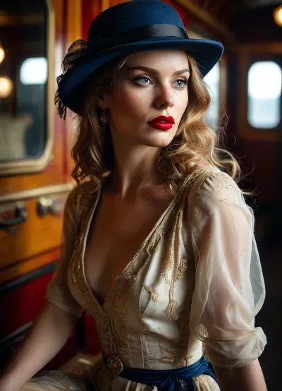 portrait, A glamorous woman sitting atop a large vintage travel trunk on a grand railway platform, waiting to board the Orient Express, 1890s fashion, elegant silk gown in dark blue, wide brim hat with veil, red lips, confident sultry expression, ornate gold and navy Orient Express carriages, (close-up:.8), warm golden platform lighting, dramatic shadows, cinematic editorial fashion photography, shot on 85mm f/1.4, shallow depth of field, film noir mood, warm amber and deep shadow colour palette, highly detailed, photorealistic, <lora:FRESHIDEAS Real Photography 2#:.8>, <lora:MJ52:.8>